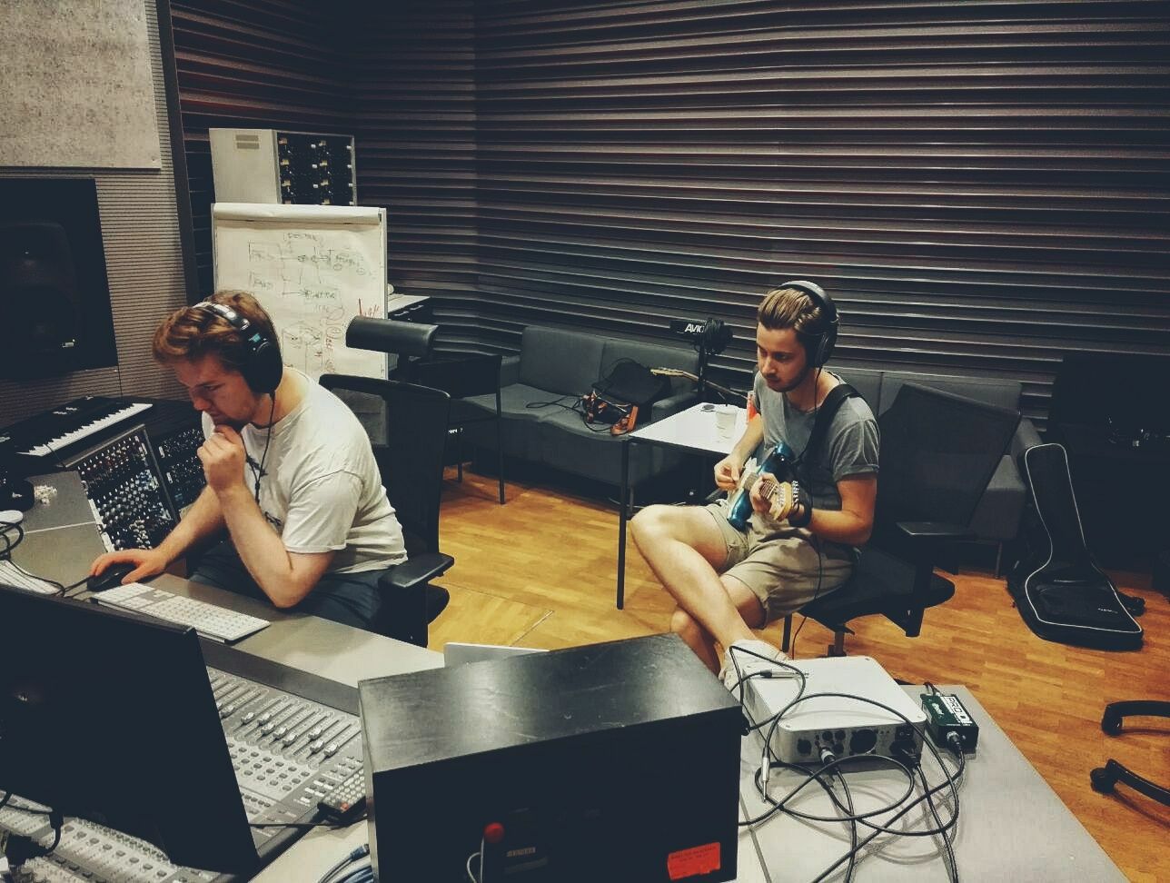 Guitar recording session. From L to R: Onni Korhonen, Heikki Neuvonen
